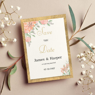 Pastel colours gold watercolor floral Save the Dat Invitation