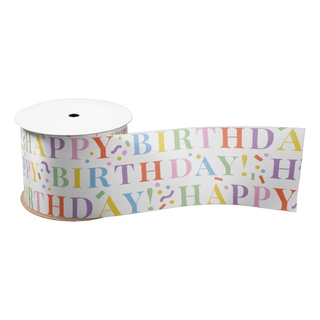 Pastel Colours Happy Birthday Text with Confetti Satin Ribbon (Spool)