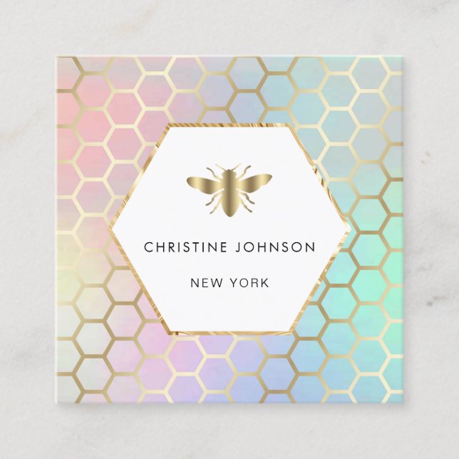 pastel colours honeycomb and hexagon bee logo square business card (Front)
