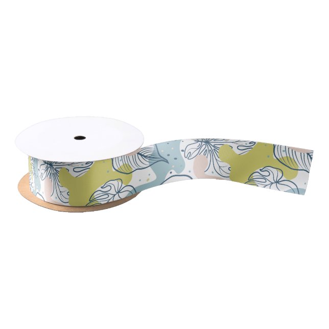 Pastel colours leaves and organic shapes pattern satin ribbon (Spool)