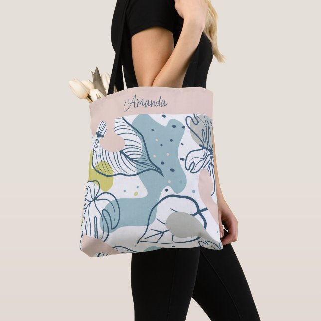 Pastel colours leaves and organic shapes pattern tote bag (Close Up)
