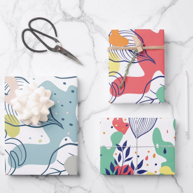 Pastel colours leaves and organic shapes pattern wrapping paper sheet (Front)