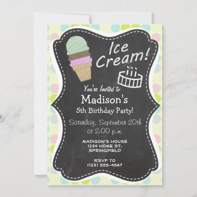 Pastel Colours, Polka Dot; Ice Cream Cone Invitation (Front)