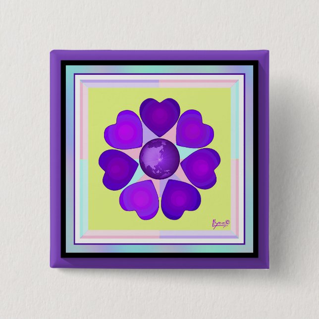 Pastel colours & purple hearts beating 2 inch square button (Front)