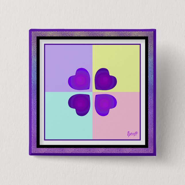 Pastel colours & purple hearts beating 2 inch square button (Front)