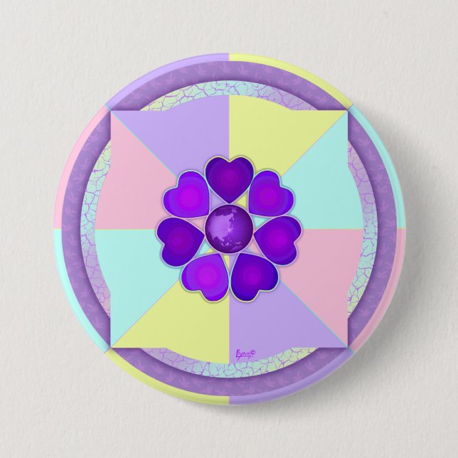 Pastel colours & purple hearts beating 3 inch round button (Front)