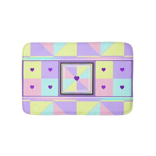 Pastel colours & purple hearts beating bath mat (Front)