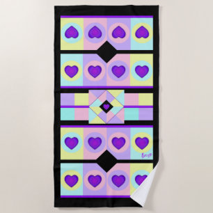 Pastel colours & purple hearts beating beach towel