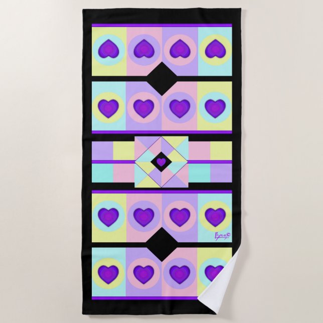 Pastel colours & purple hearts beating beach towel (Front)