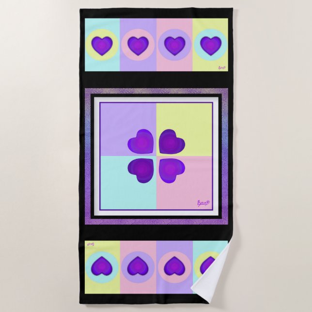 Pastel colours & purple hearts beating beach towel (Front)