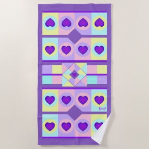 Pastel colours & purple hearts beating beach towel