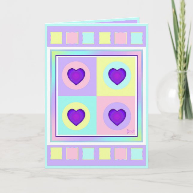 Pastel colours & purple hearts beating blank card (Front)