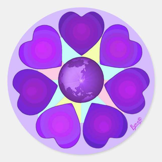 Pastel colours & purple hearts beating classic round sticker (Front)