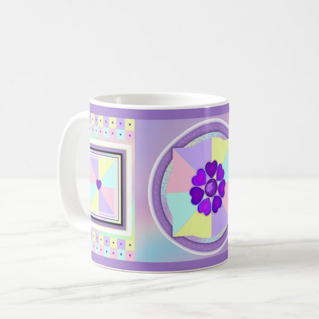 Pastel colours & purple hearts beating coffee mug (Front Left)