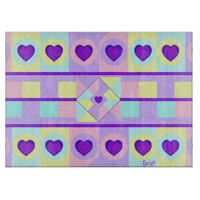 Pastel colours & purple hearts beating cutting board (Front)