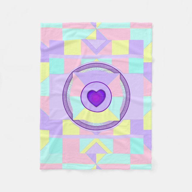 Pastel colours & purple hearts beating fleece blanket (Front)