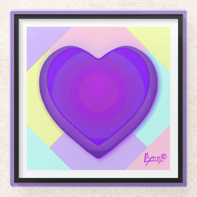 Pastel colours & purple hearts beating glass coaster (Front)