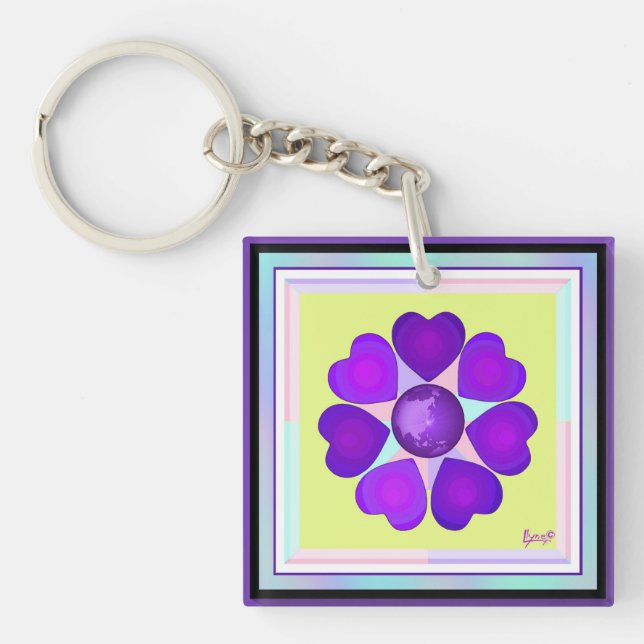 Pastel colours & purple hearts beating keychain (Front)