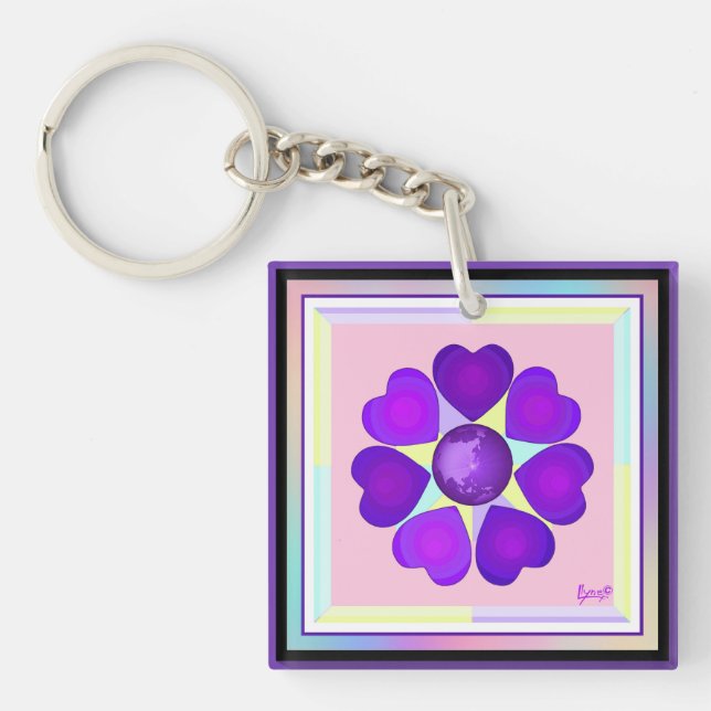 Pastel colours & purple hearts beating keychain (Front)
