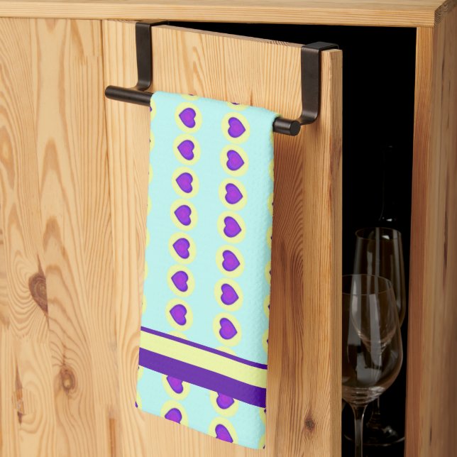 Pastel colours & purple hearts beating kitchen towel (Thirds Fold)