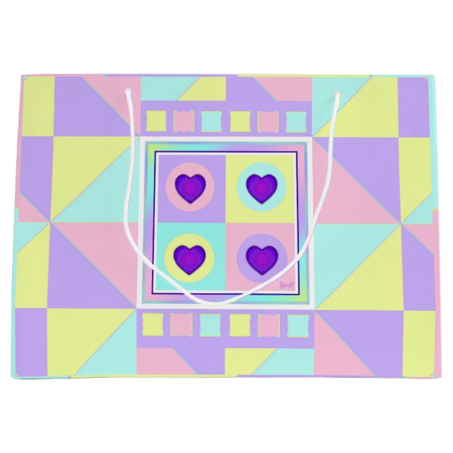 Pastel colours & purple hearts beating large gift bag (Front)