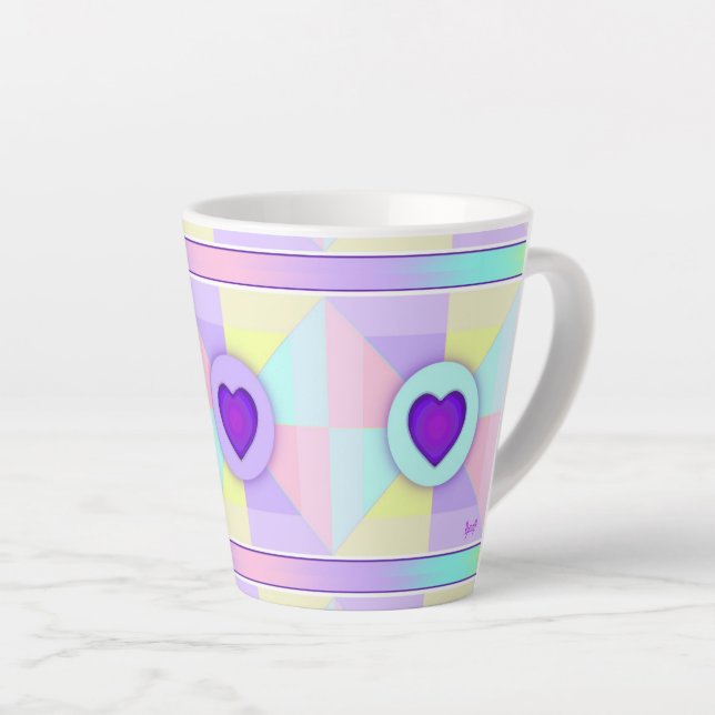 Pastel colours & purple hearts beating latte mug (Right Angle)