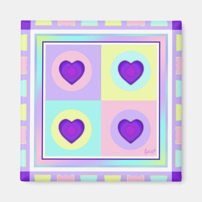 Pastel colours & purple hearts beating magnet (Front)