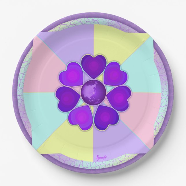 Pastel colours & purple hearts beating paper plate (Front)