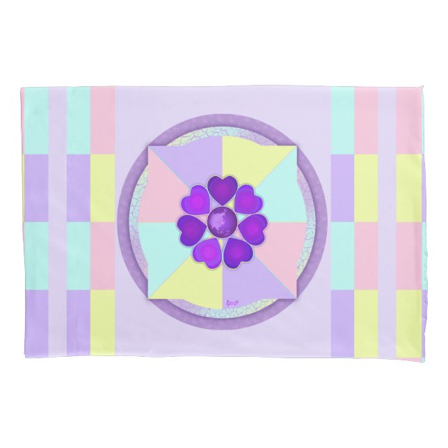 Pastel colours & purple hearts beating pillowcase (Front)