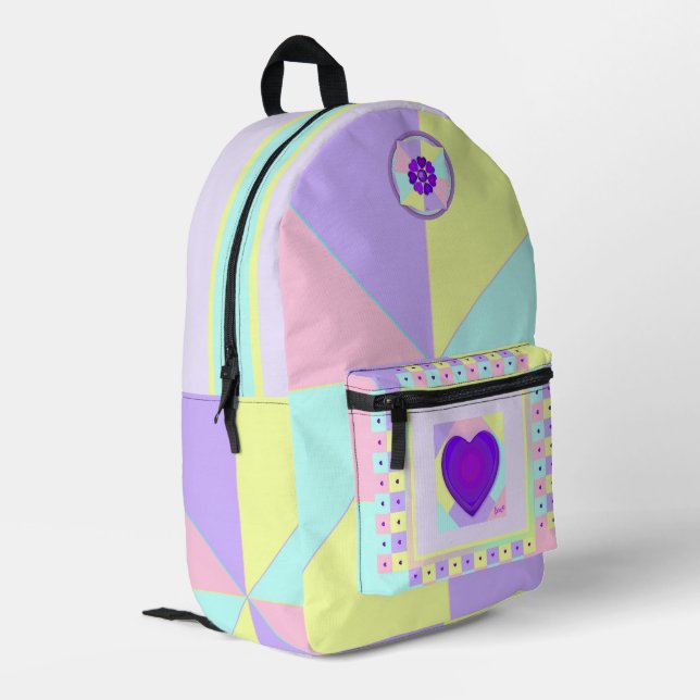 pastel colours & purple hearts beating printed backpack (Back Corner Left)