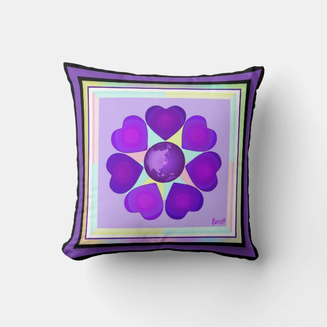 Pastel colours & purple hearts beating throw pillow (Front)