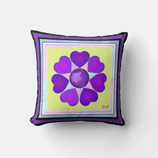 Pastel colours & purple hearts beating throw pillow (Front)