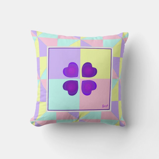 Pastel colours & purple hearts beating throw pillow (Front)