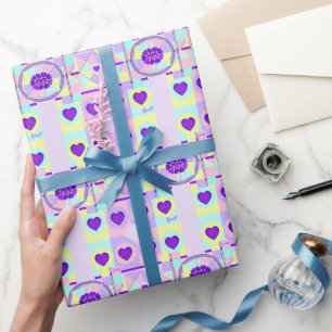 Pastel colours & purple hearts beating wrapping paper