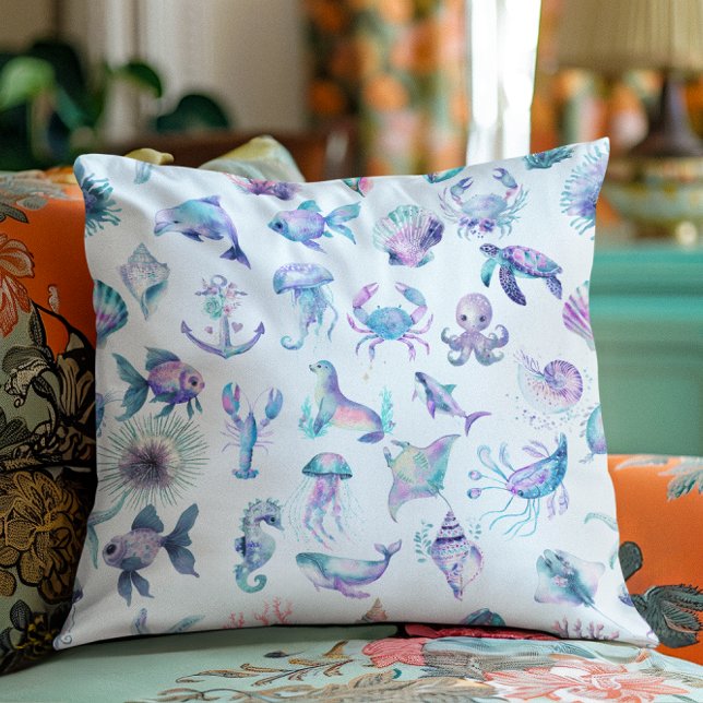 Pastel colours sea animals pattern throw pillow (Creator Uploaded)
