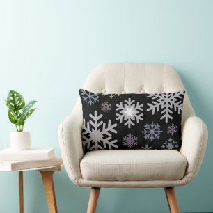 Pastel Colours Snowflakes on Black Background Lumbar Pillow