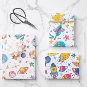 Pastel colours space planets on white background wrapping paper sheet