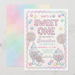Pastel Colours Sweet One Candy Shop Birthday Invitation