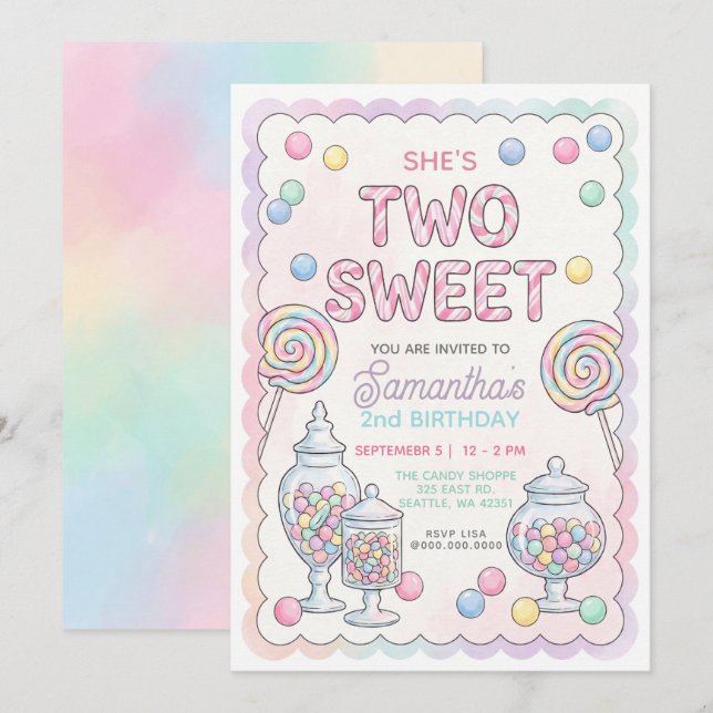 Pastel Colours Two Sweet Candy Shop Birthday  Invitation (Front/Back)