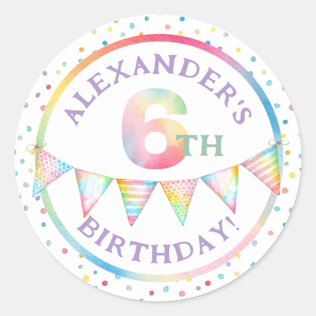 Pastel Confetti 6th Birthday Favour Sticker (Front)