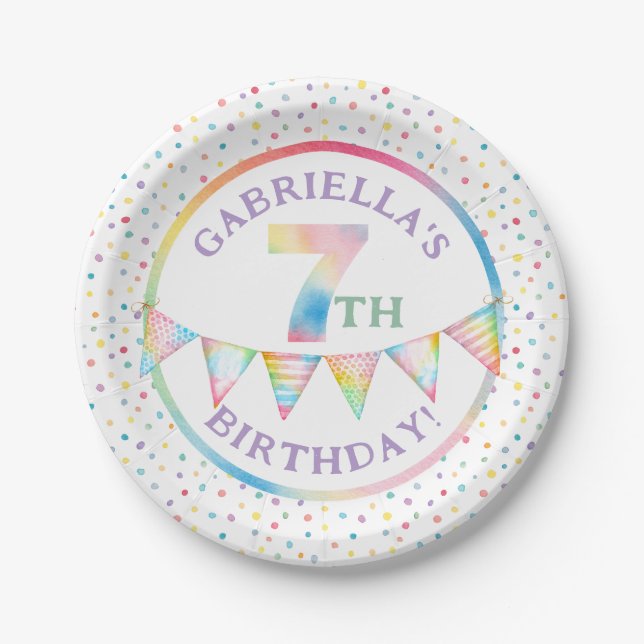 Pastel Confetti 7th Birthday Party Plates (Front)