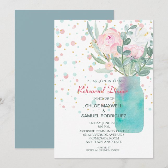 Pastel Confetti Mason Jar Wedding Rehearsal Dinner Invitation (Front/Back)