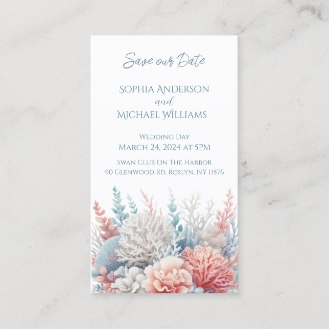 Pastel Coral-Beach Wedding-Save the Date- Business Card (Front)