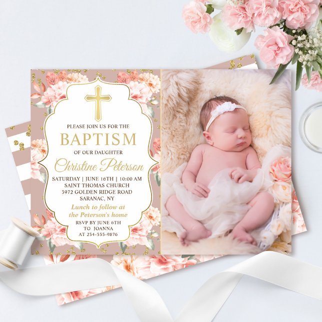 Pastel Coral Floral Gold Cross Girl Baptism Photo Invitation (Creator Uploaded)