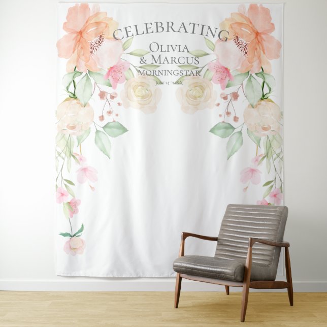 Pastel Coral Ivory Peonies Wedding Backdrop Tapestry (In Situ)