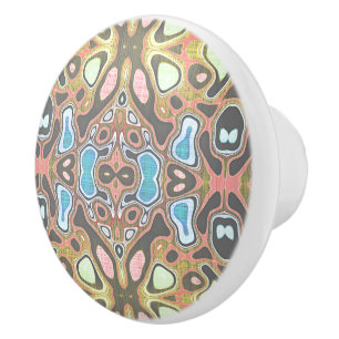Pastel Coral Pink Red Yellow Blue Tribal Pattern Ceramic Knob