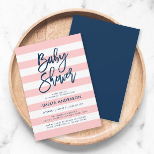 Pastel Coral Pink White Stripes Blue Baby Shower Invitation