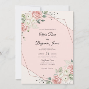 Pastel Coral Ranunculus Eucalyptus Wedding Invitation
