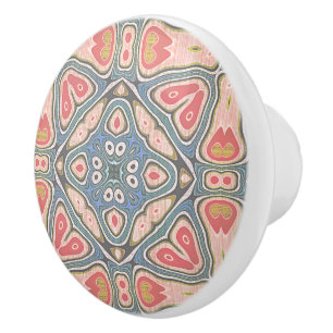 Pastel Coral Red Blush Pink Blue Tribal Pattern Ceramic Knob