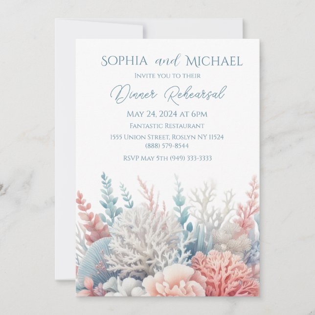 Pastel Coral Reef-Beach Wedding Dinner Rehearsal Invitation (Front)